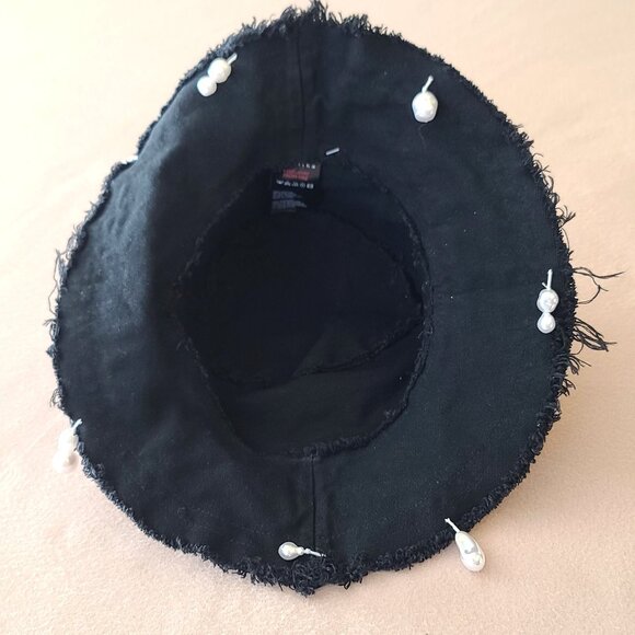 Serefina Frayed Bucket Hat Pearl Embellished Black Cotton Boho NWOT - Picture 6 of 10